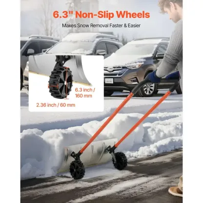 Heavy-Duty Wheeled Snow Pusher Shovel – 24-Inch Wide Blade, Adjustable 90° Handle, 6.3-Inch Surface-Safe Wheels, Quiet Snow Removal Tool for Driveways