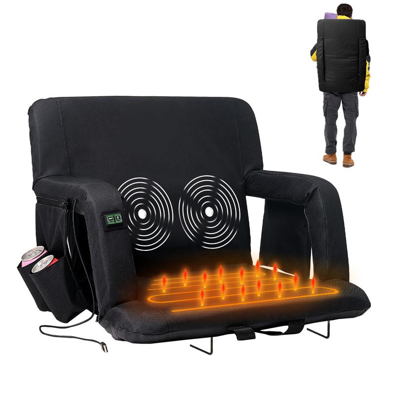 Heated Stadium Seat with Backrest & Armrests – Adjustable Bleacher Chair, 3-Level Temperature Control, 6 Reclining Positions & Safety Straps