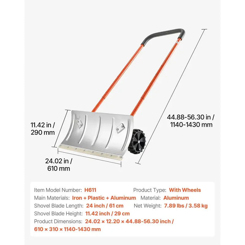 Heavy-Duty Wheeled Snow Pusher Shovel – 24-Inch Wide Blade, Adjustable 90° Handle, 6.3-Inch Surface-Safe Wheels, Quiet Snow Removal Tool for Driveways