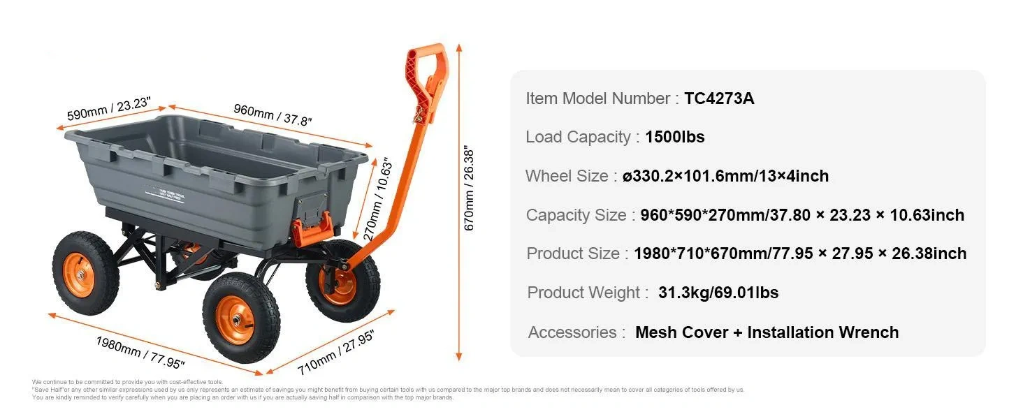 VEVOR Poly Garden Dump Cart Load Hauler, Easy-to-Assemble Steel Frame, 2-in-1 Convertible Handle, 13-in Rubber Tires, 360&deg; Swivel Wheels, 180&deg; Control, 600-1500 lbs Max Capacity, Mesh Cover, Home Improvement Utility Wheelbarrow#SohoChic