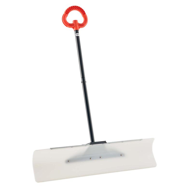 Heavy-Duty Wheeled Snow Pusher Shovel – 24-Inch Wide Blade, Adjustable 90° Handle, 6.3-Inch Surface-Safe Wheels, Quiet Snow Removal Tool for Driveways