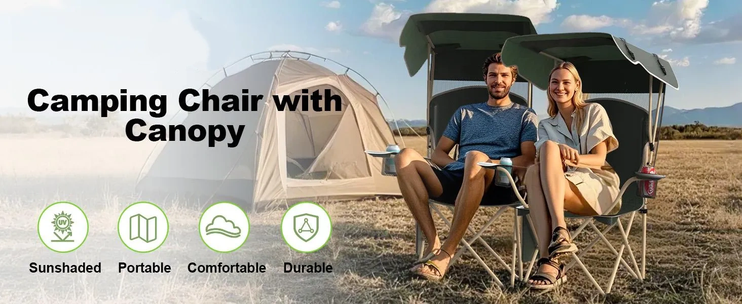 New Upgrade Wide Folding Lawn Chair - Portable Camping Chair with Foldable Sun Shade, Oxford Fabric, Moisture Resistant, 2 Cup Holders & Storage Bag, Ideal for Beach Camping