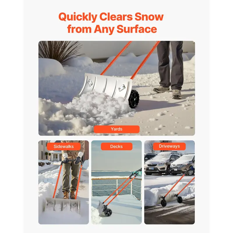 Heavy-Duty Wheeled Snow Pusher Shovel – 24-Inch Wide Blade, Adjustable 90° Handle, 6.3-Inch Surface-Safe Wheels, Quiet Snow Removal Tool for Driveways
