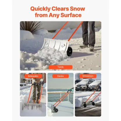 Heavy-Duty Wheeled Snow Pusher Shovel – 24-Inch Wide Blade, Adjustable 90° Handle, 6.3-Inch Surface-Safe Wheels, Quiet Snow Removal Tool for Driveways