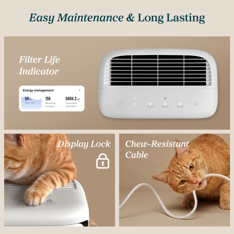 Pet Air Purifier for Large Rooms – Washable Pre-Filter, High-Carbon Filter, Dual Sensors, Auto Mode & App Control
