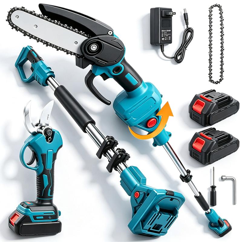 3-in-1 Cordless Pole Saw & Mini Chainsaw Set – Extension Pole, Garden Pruning Shears & 2 Batteries for Tree Trimming, Branch Cutting & Outdoor Yard Maintenance