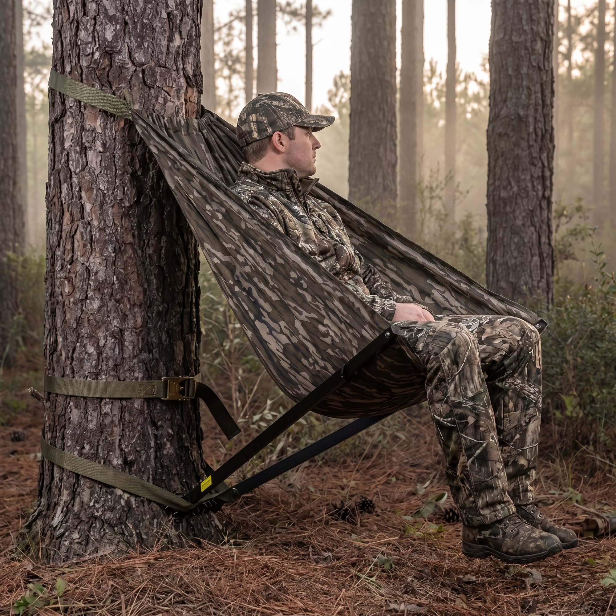 Low-Profile Hunting Seat – Adjustable Height Folding Chair with Silent 180° Swivel for Deer Hunting, Turkey Hunting & Camping