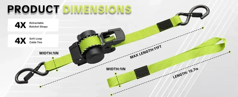 SEESE Sturdy Retractable Ratchet Straps  1"x 11 ft-1550 LB Break Strength Cargo Straps for Moving Appliances, Lawn Equipment, Motorcycle Green ,Halloween gifts