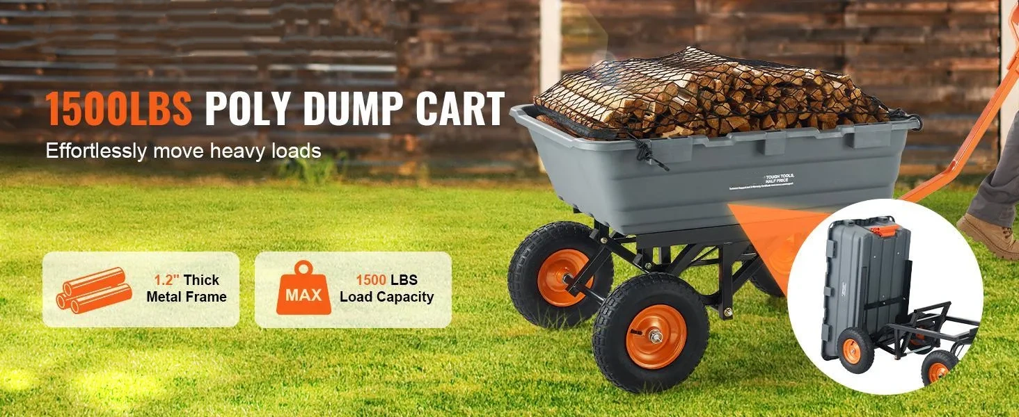 VEVOR Poly Garden Dump Cart Load Hauler, Easy-to-Assemble Steel Frame, 2-in-1 Convertible Handle, 13-in Rubber Tires, 360&deg; Swivel Wheels, 180&deg; Control, 600-1500 lbs Max Capacity, Mesh Cover, Home Improvement Utility Wheelbarrow#SohoChic