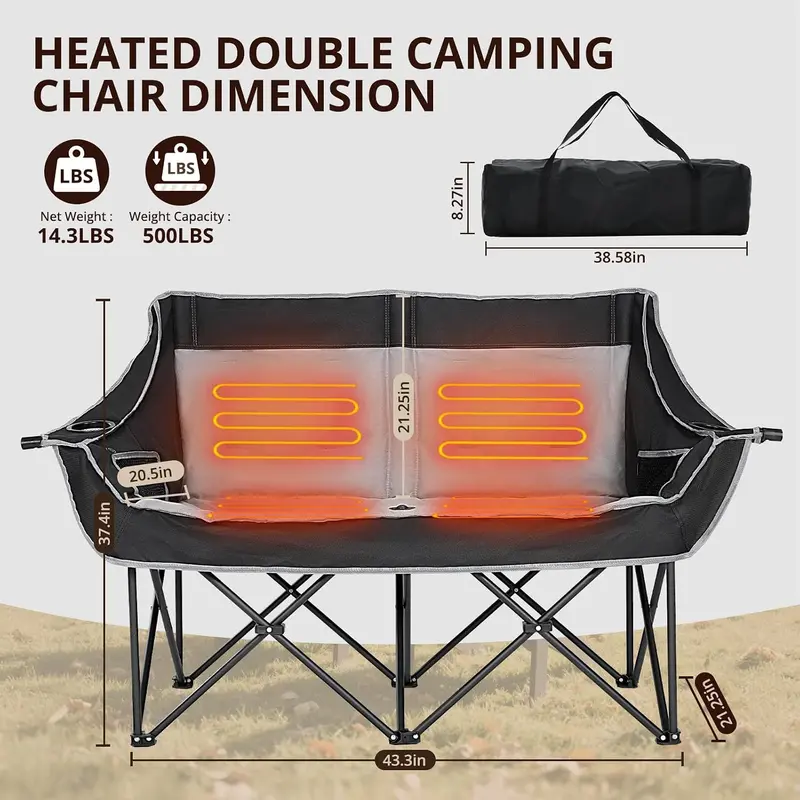 Heated Double Camping Chair – Oversized Padded Folding Loveseat, 600 lb Capacity, 600D Oxford Fabric, Side Pocket for Camping, Tailgating, Sports & Outdoor Use