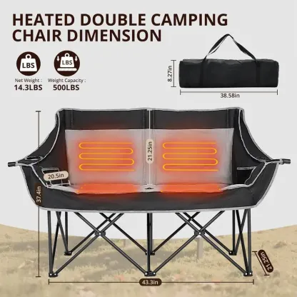 Heated Double Camping Chair – Oversized Padded Folding Loveseat, 600 lb Capacity, 600D Oxford Fabric, Side Pocket for Camping, Tailgating, Sports & Outdoor Use