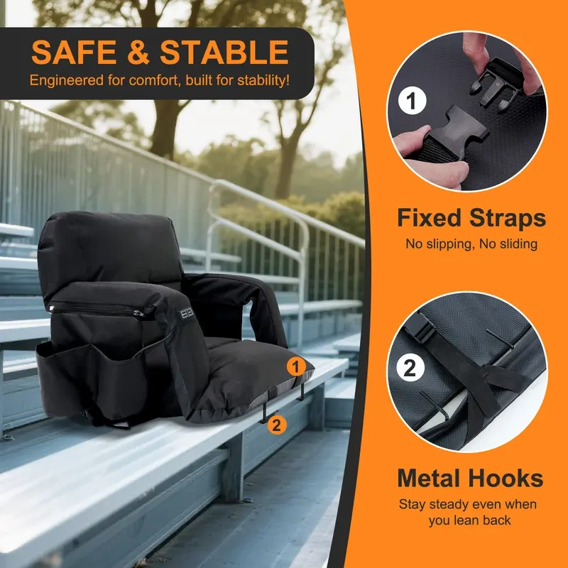 Heated Stadium Seat with Backrest & Armrests – Adjustable Bleacher Chair, 3-Level Temperature Control, 6 Reclining Positions & Safety Straps