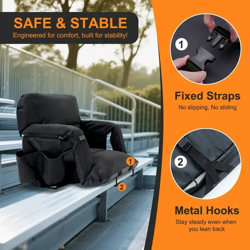 Heated Stadium Seat with Backrest & Armrests – Adjustable Bleacher Chair, 3-Level Temperature Control, 6 Reclining Positions & Safety Straps