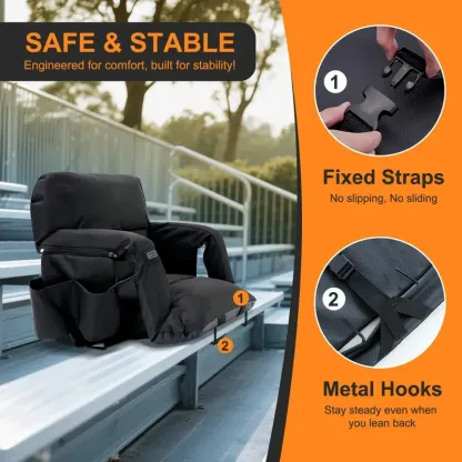 Heated Stadium Seat with Backrest & Armrests – Adjustable Bleacher Chair, 3-Level Temperature Control, 6 Reclining Positions & Safety Straps