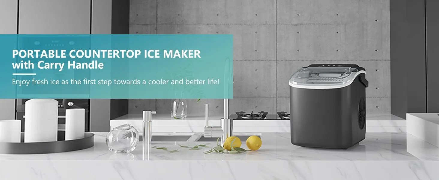 EUHOMY Ice Maker Countertop with Handle, 26lbs in 24Hrs, 9 Ice Cubes Ready in 6 Mins, Auto-Cleaning Portable Ice Maker with Basket and Scoop, for Home/Kitchen/Camping/RV.