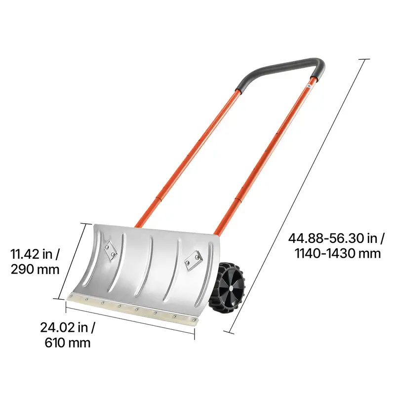 Heavy-Duty Wheeled Snow Pusher Shovel – 24-Inch Wide Blade, Adjustable 90° Handle, 6.3-Inch Surface-Safe Wheels, Quiet Snow Removal Tool for Driveways