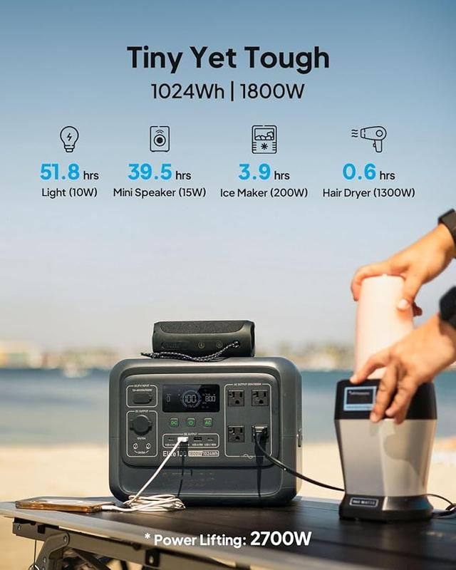 1024Wh Portable Power Station – 1800W Solar Generator with LiFePO4 Battery, 4 AC Outlets & 3600W Surge for Camping and Home Backup