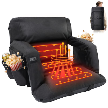 Heated Stadium Seat with Backrest & Armrests – Adjustable Bleacher Chair, 3-Level Temperature Control, 6 Reclining Positions & Safety Straps