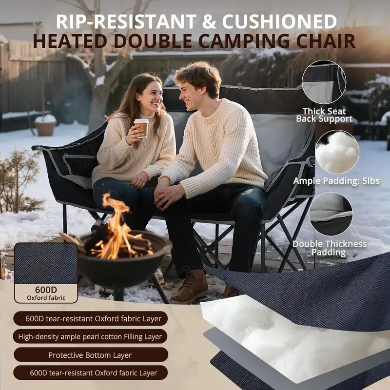 Heated Double Camping Chair – Oversized Padded Folding Loveseat, 600 lb Capacity, 600D Oxford Fabric, Side Pocket for Camping, Tailgating, Sports & Outdoor Use