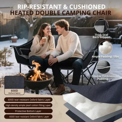Heated Double Camping Chair – Oversized Padded Folding Loveseat, 600 lb Capacity, 600D Oxford Fabric, Side Pocket for Camping, Tailgating, Sports & Outdoor Use