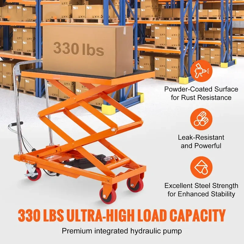 330 lb Manual Hydraulic Lift Table – Double Scissor Design, 50" Max Lift Height, Non-Slip Platform & Locking Casters