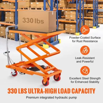 330 lb Manual Hydraulic Lift Table – Double Scissor Design, 50" Max Lift Height, Non-Slip Platform & Locking Casters