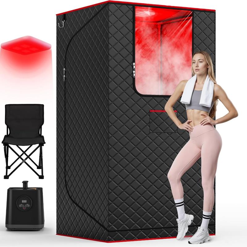 Portable Home Sauna Tent for 2 Adults – 1200W Steam Generator, 3.0L 304 Stainless Steel Tank, 15 Power Levels, Foldable 5-Layer Heat-Insulated Design, 48.5" × 37" × 71", Black Chairs Included