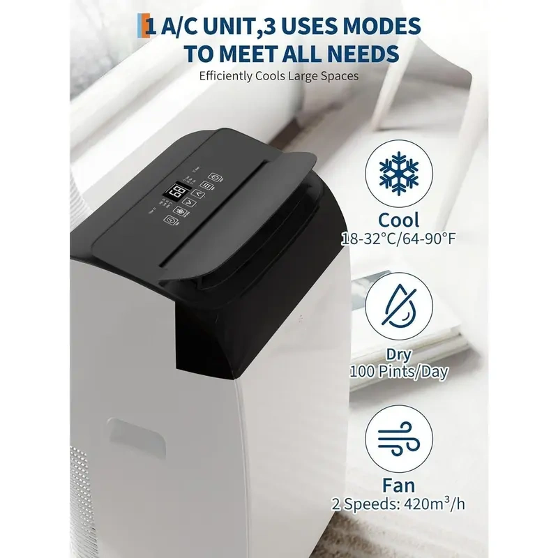 14000 BTU Portable Air Conditioner – 3-in-1 AC, Dehumidifier & Fan for Rooms up to 750 Sq. Ft.