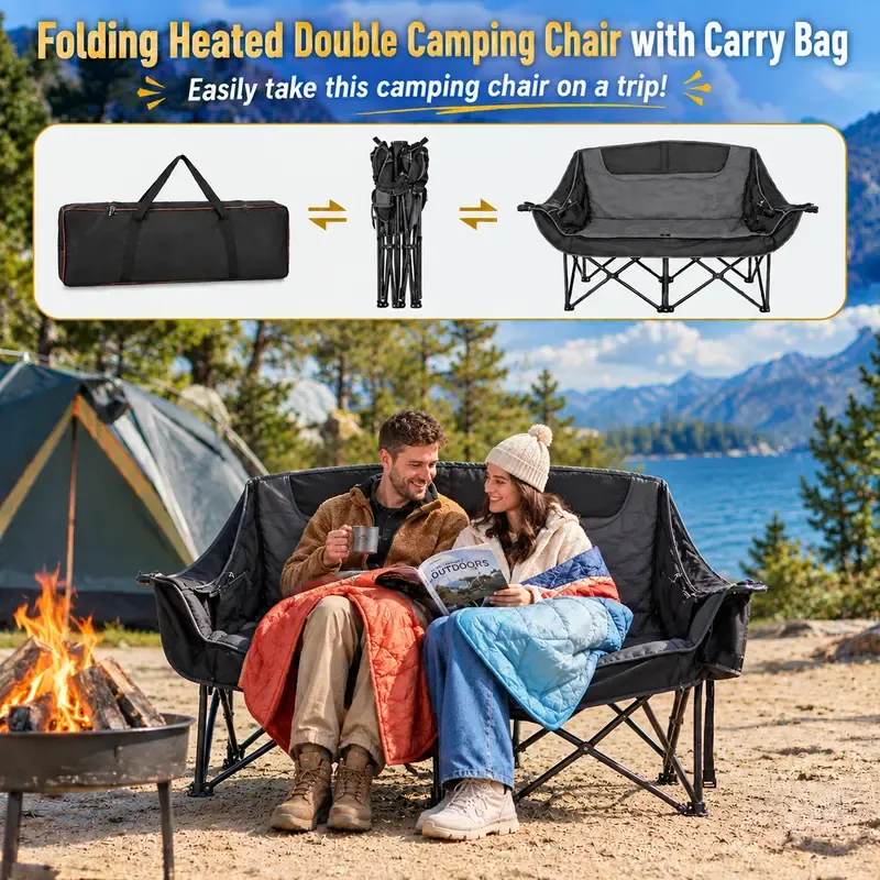 Heated Double Camping Chair – Oversized Padded Folding Loveseat, 600 lb Capacity, 600D Oxford Fabric, Side Pocket for Camping, Tailgating, Sports & Outdoor Use
