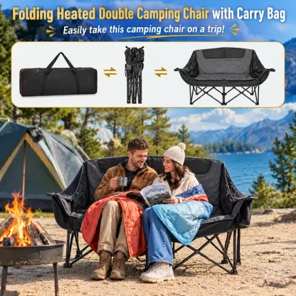 Heated Double Camping Chair – Oversized Padded Folding Loveseat, 600 lb Capacity, 600D Oxford Fabric, Side Pocket for Camping, Tailgating, Sports & Outdoor Use