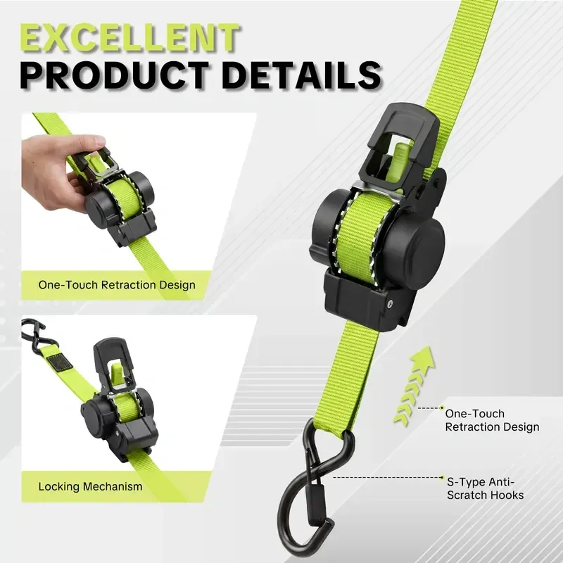 1" x 11 ft Retractable Ratchet Straps – 1,550 Lbs Break Strength Cargo Tie-Down Straps for Moving & Transport