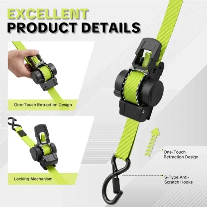1" x 11 ft Retractable Ratchet Straps – 1,550 Lbs Break Strength Cargo Tie-Down Straps for Moving & Transport