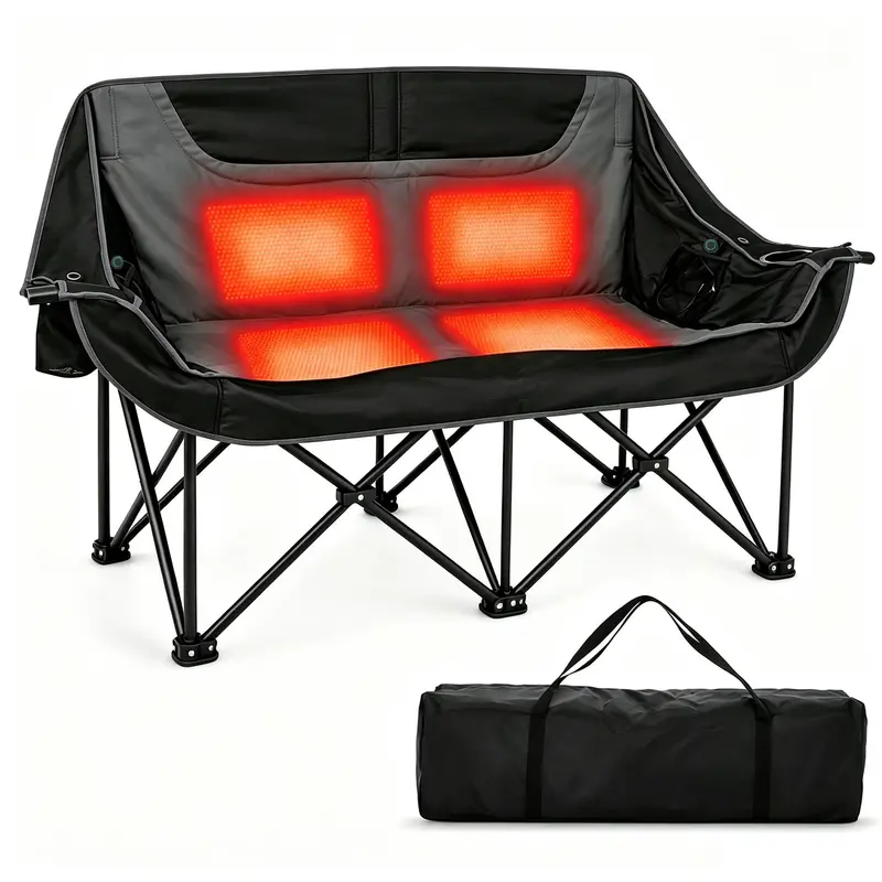 Heated Double Camping Chair – Oversized Padded Folding Loveseat, 600 lb Capacity, 600D Oxford Fabric, Side Pocket for Camping, Tailgating, Sports & Outdoor Use