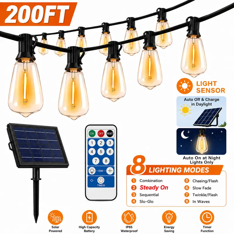 200ft Solar String Lights – Waterproof Outdoor LED Lights with Remote Control, Multiple Lighting Modes, Dusk-to-Dawn Sensor & Dimmable Brightness