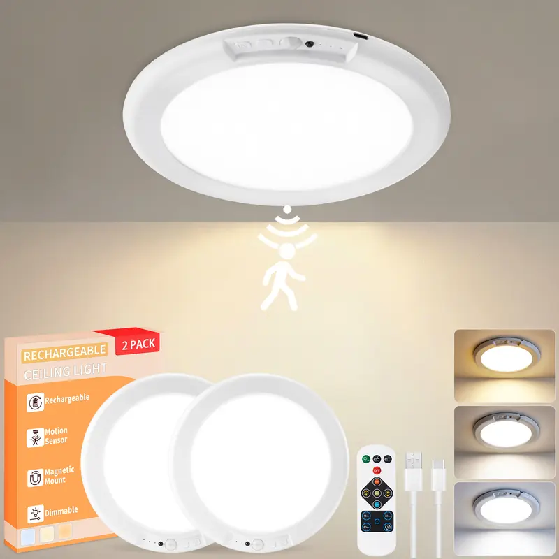 2-Pack Rechargeable LED Ceiling Lights – 3 Color Modes, Motion Sensor, Remote Control & Magnetic Wireless Design