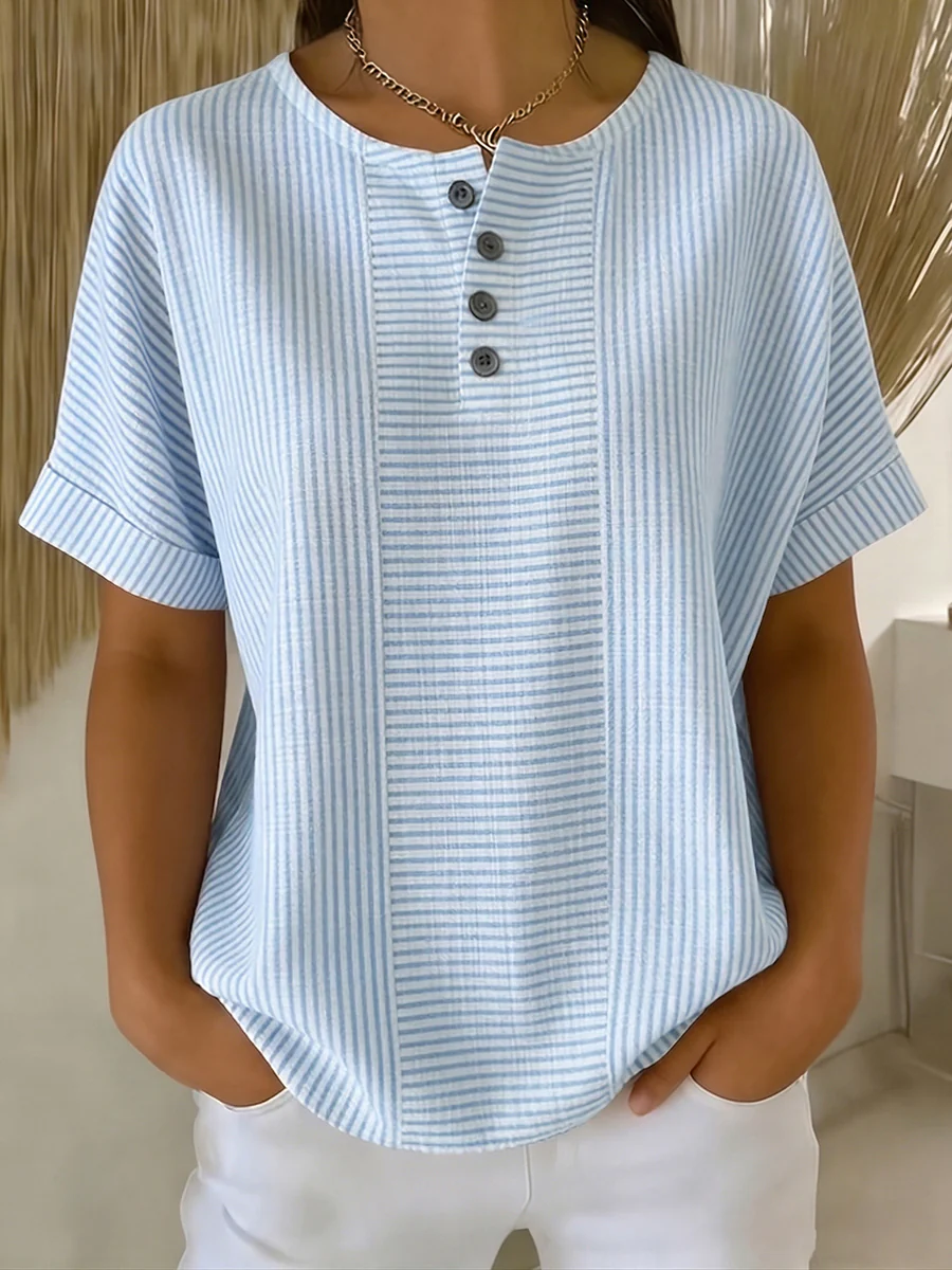 Artistic Cut Striped Cotton-linen Shirt Blouse