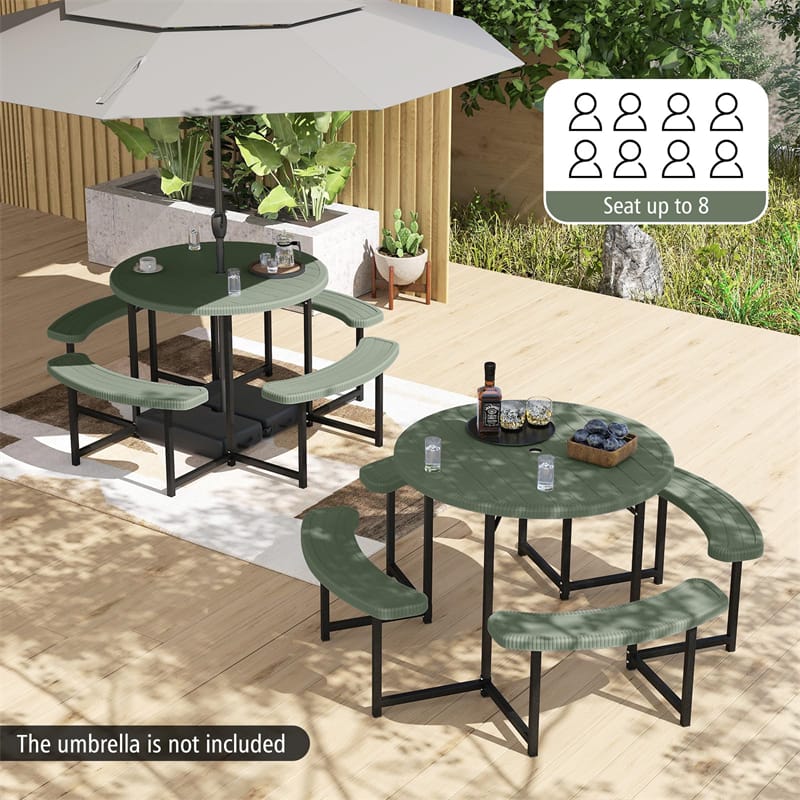 8 Person Round Outdoor Picnic Table Bench Set with Umbrella Hole, All-Weather HDPE Tabletop & Metal Frame for Patio Garden Yard