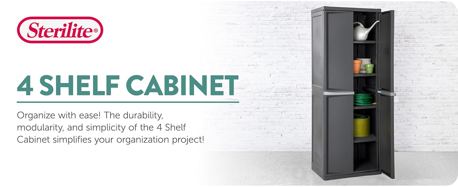 4 shelf plastic cabinet with 2 doors that can be locked