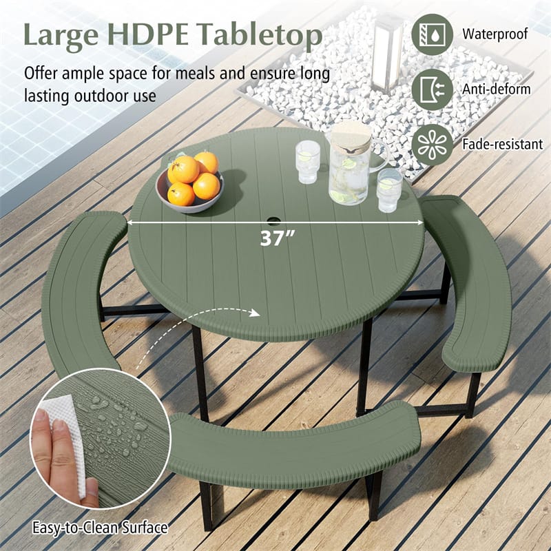 8 Person Round Outdoor Picnic Table Bench Set with Umbrella Hole, All-Weather HDPE Tabletop & Metal Frame for Patio Garden Yard