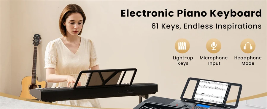 Eletriclife 61-Key Lighted Electric Piano Keyboard for Beginners with Adjustable Stand & Stool
