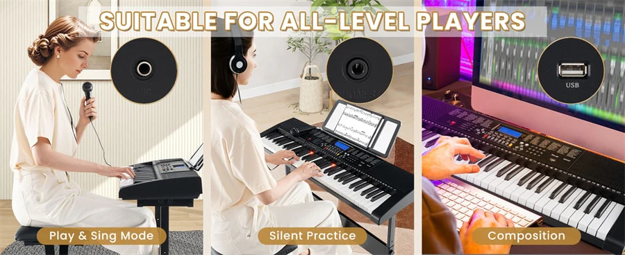 Eletriclife 61-Key Lighted Electric Piano Keyboard for Beginners with Adjustable Stand & StoolEletriclife 61-Key Lighted Electric Piano Keyboard for Beginners with Adjustable Stand & Stool