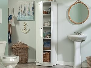 Storage cabinet showing reversible door configuring