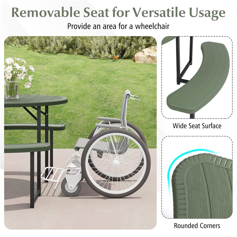 8 Person Round Outdoor Picnic Table Bench Set with Umbrella Hole, All-Weather HDPE Tabletop & Metal Frame for Patio Garden Yard