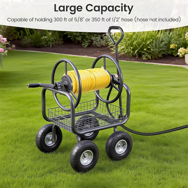 Eletriclife Heavy Duty Metal Garden Hose Reel Cart Holds 300FT of 5/8" Hose Capacity with Wheels & Storage Basket