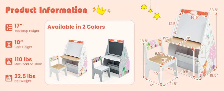 Eletriclife 3-in-1 Wooden Double Sided Kids Art Easel with Chair for Toddlers