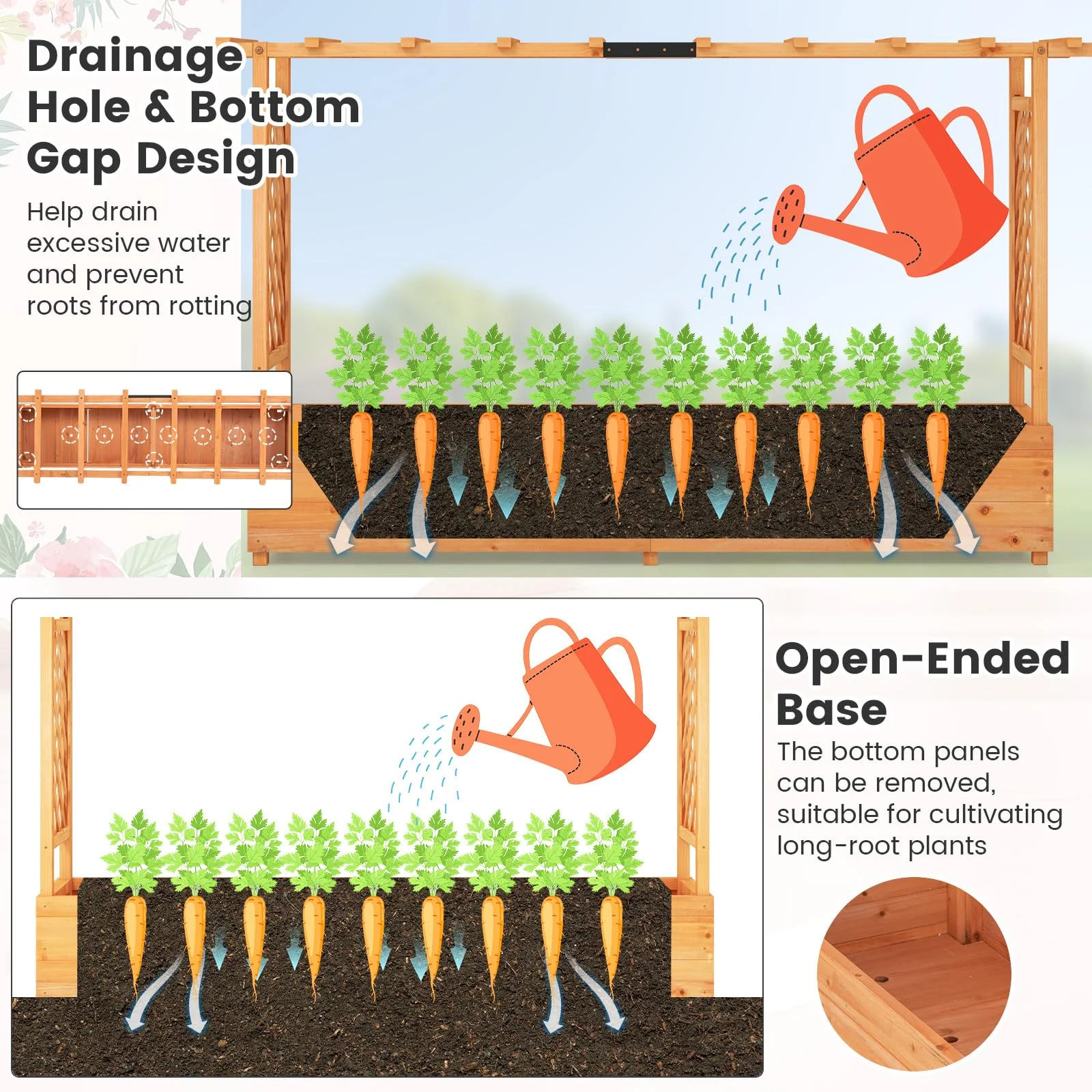 Eletriclife Fir Wood Raised Garden Bed with 2-Sided Trellis and Hanging Roof