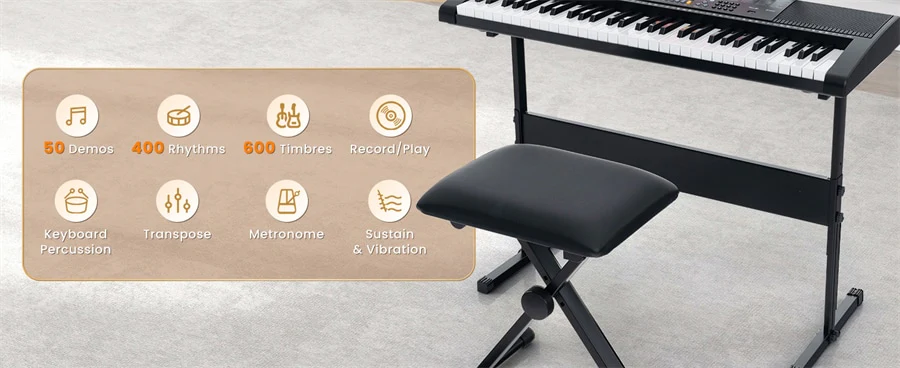 Eletriclife 61-Key Lighted Electric Piano Keyboard for Beginners with Adjustable Stand & Stool