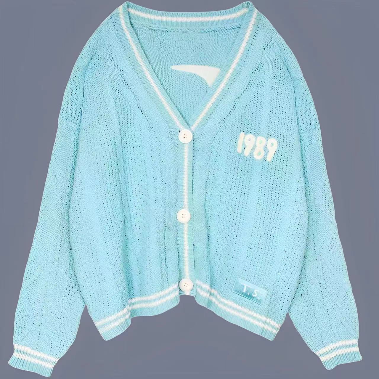 1989 Seagull-Pattern Blue Knit Cardigan
