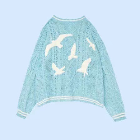 1989 Seagull-Pattern Blue Knit Cardigan