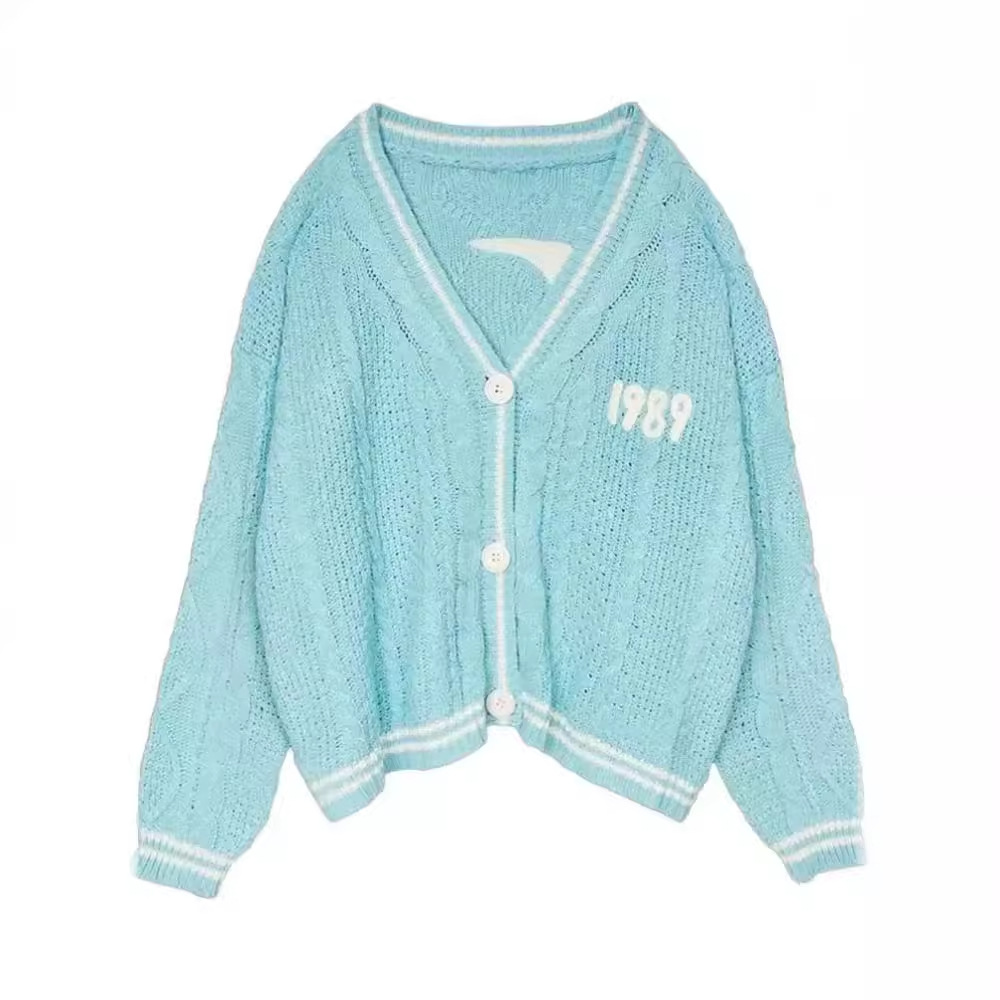 1989 Seagull-Pattern Blue Knit Cardigan